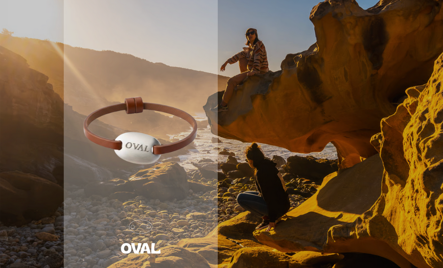Visuel où l'on voit le bracelet oval avec le bracelet en cuir devant une scène dans la nature